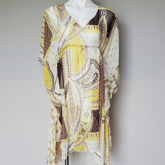Elie TAHARI 100% Silk Tunic Caftan Butter Yellow Brown Swim Coverup - Picture 1 of 12